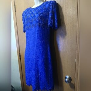 Laurence Kazar Silk Beaded Dress Blue Art Deco Gatsby Glam Party Cocktail Size S